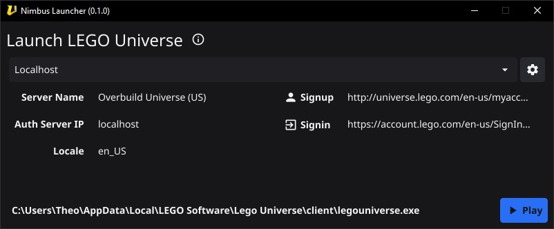 An open window that says Launch LEGO Universe with a dropdown saying Localhost below it. Below the dropdown is a list of information for the selected server such as the Server Name, Server IP, and Locale. There is a play button on the bottom right.