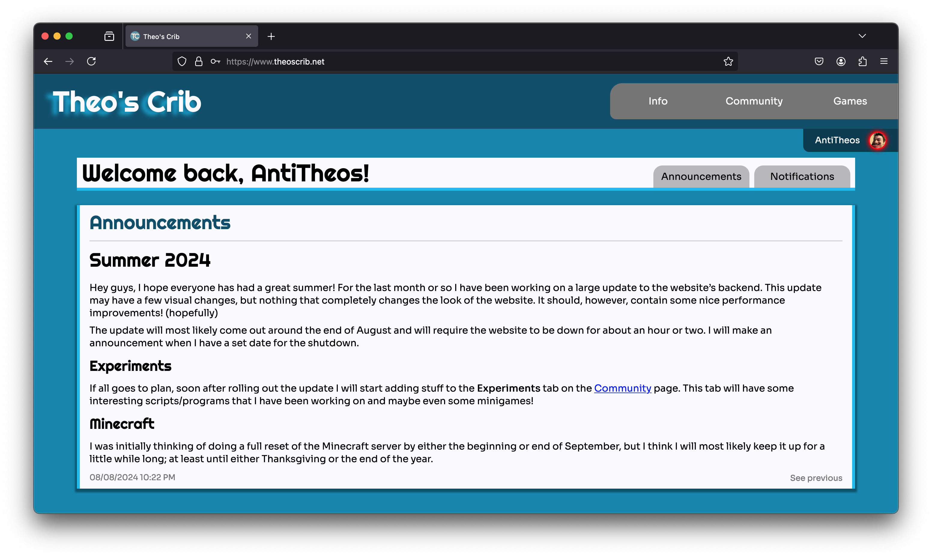 The home page of the Theo's Crib website. There is a heading saying 'Welcome back, AntiTheos' with two tabs next to it: Announcements and Notifications.