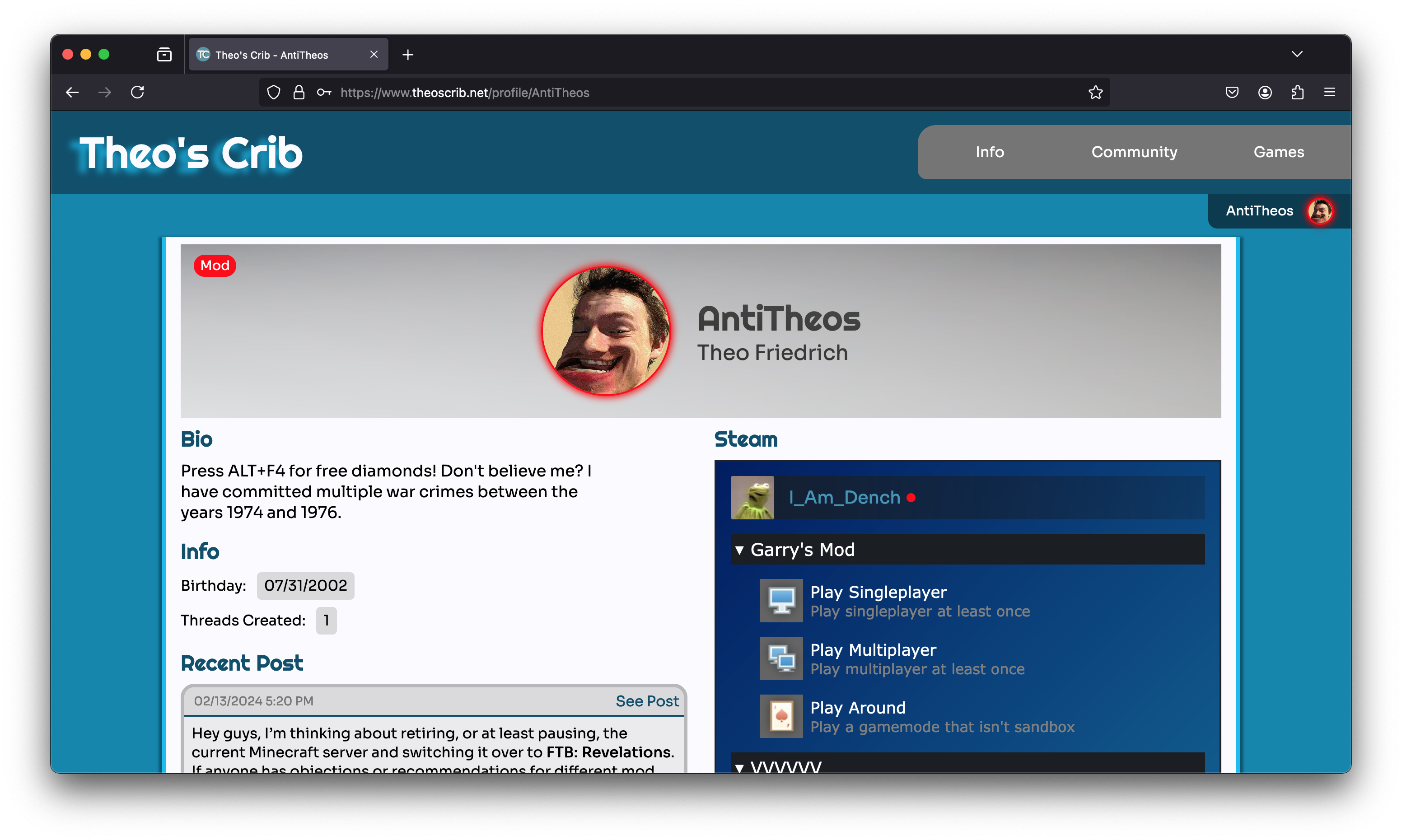 An image of my profile page of the live Theo's Crib website. Next to my profile image is the text AntiTheos with the text Theo Friedrich under it.